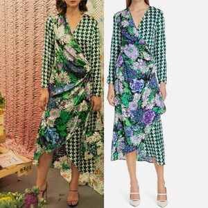 RIXO Betty Floral Midi Dress Silk Blend Womens Sz Small NEW NWT‎ Green Wrap Boho